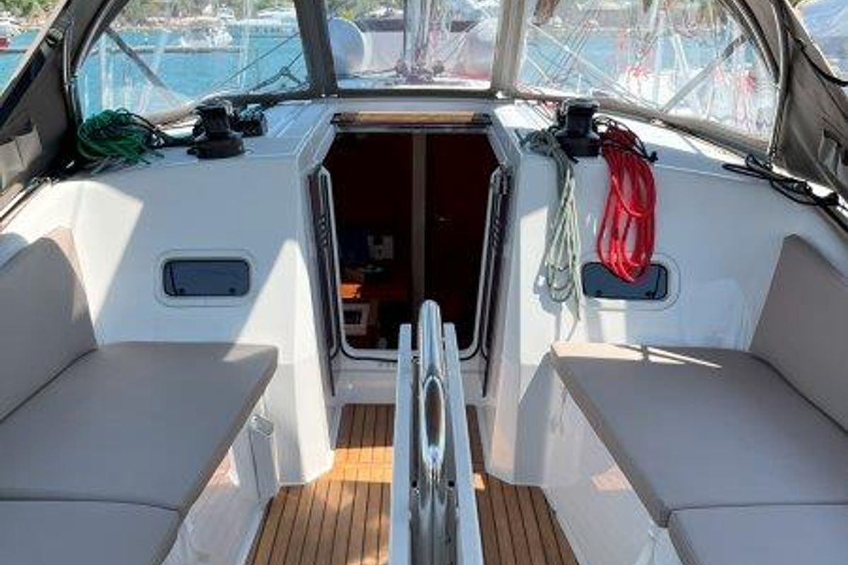 Cockpit of Ethra, a Jeanneau Sun Odyssey 380 sailboat at Lavreotiki Municipal Unit, Greece