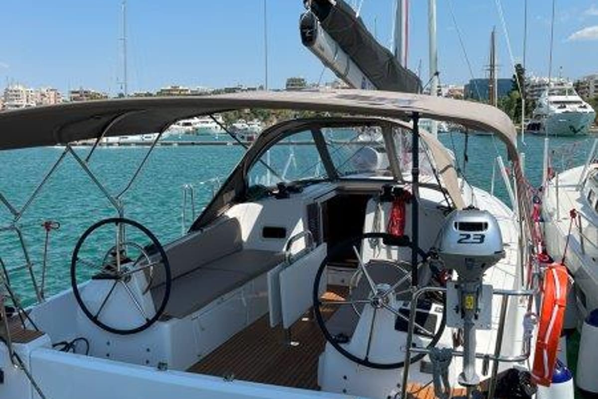 Cockpit of Ethra, a Jeanneau Sun Odyssey 380 sailboat at Lavreotiki Municipal Unit, Greece