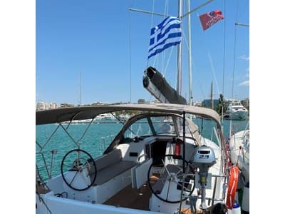 Cockpit of Ethra, a Jeanneau Sun Odyssey 380 sailboat at Lavreotiki Municipal Unit, Greece