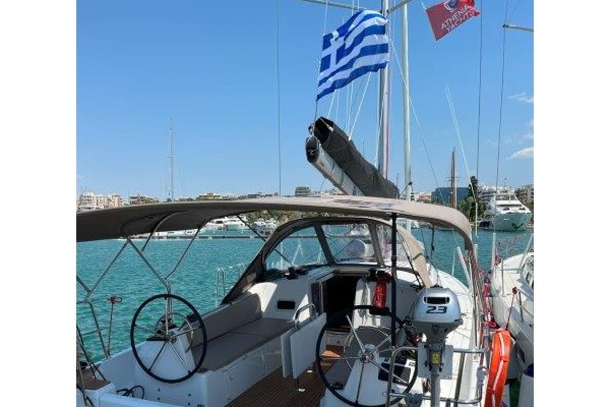 Cockpit of Ethra, a Jeanneau Sun Odyssey 380 sailboat at Lavreotiki Municipal Unit, Greece