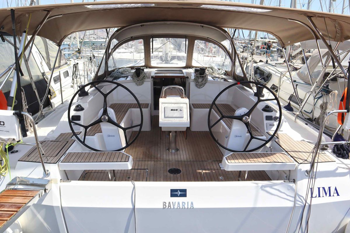 Cockpit of LIMA, a Bavaria C42 sailboat at Athens, Greece