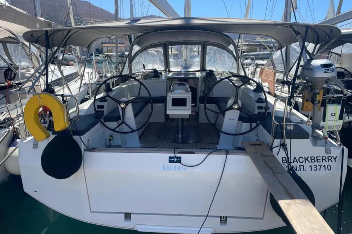Cockpit of LIMA, a Bavaria C42 sailboat at Athens, Greece