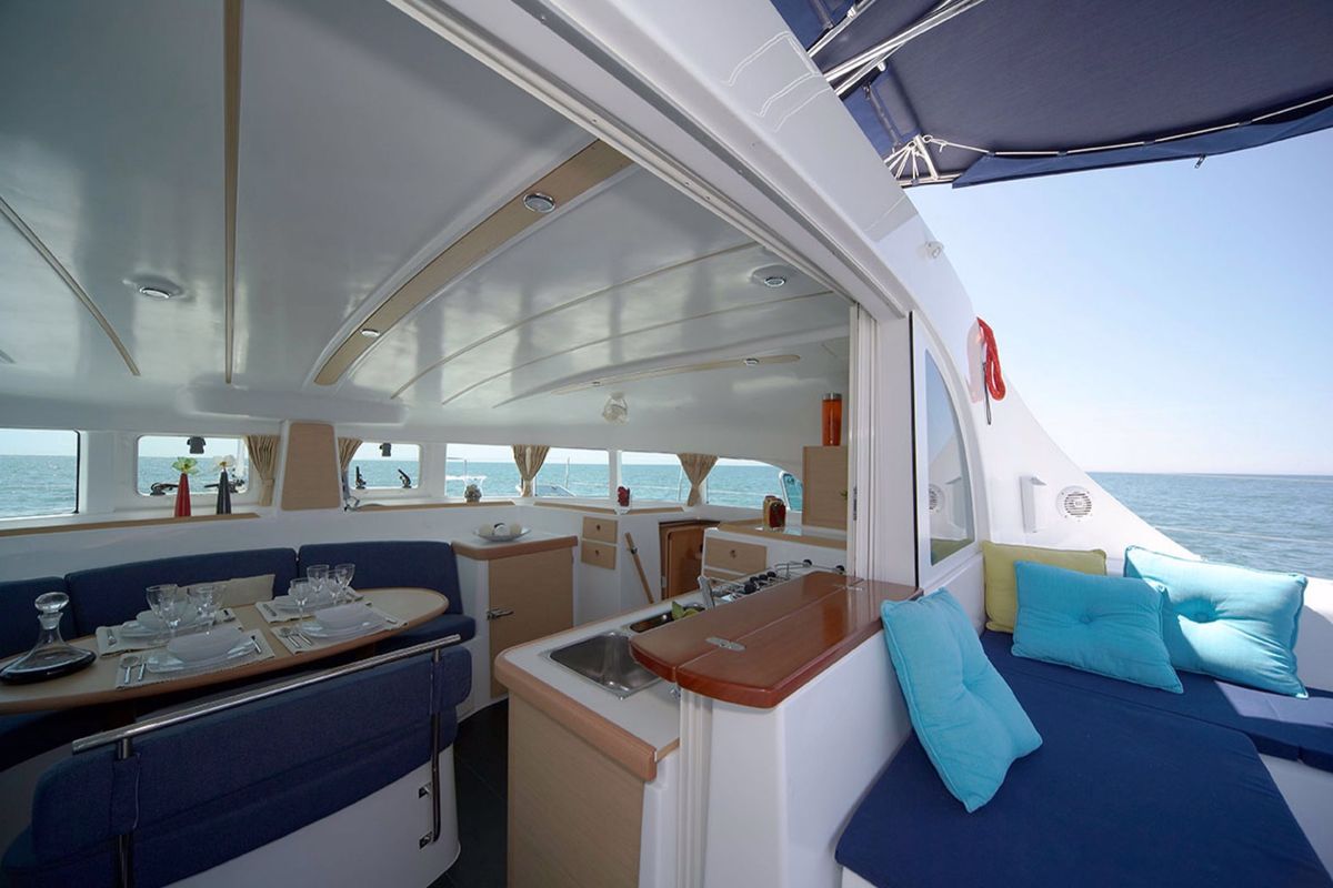 Salon of Poe Nina, a Lagoon 380 S2 catamaran at Papeete, France