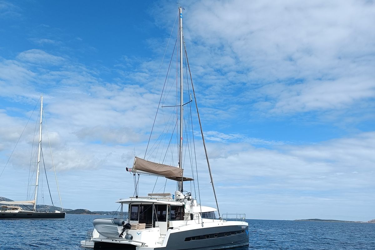 Exterior view of Stenella, a Bali 4.4 catamaran at Olbia, Italy