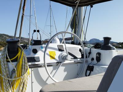 Cockpit of Stenella, a Bali 4.4 catamaran at Olbia, Italy