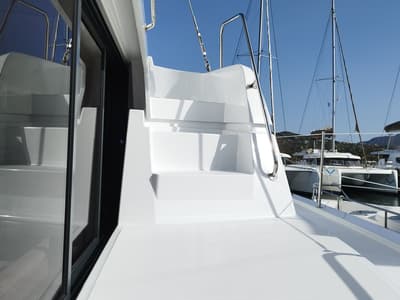 Deck of Stenella, a Bali 4.4 catamaran at Olbia, Italy