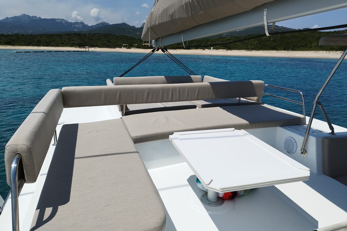 Deck of Stenella, a Bali 4.4 catamaran at Olbia, Italy