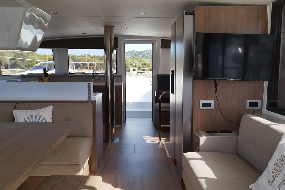 Salon of Stenella, a Bali 4.4 catamaran at Olbia, Italy