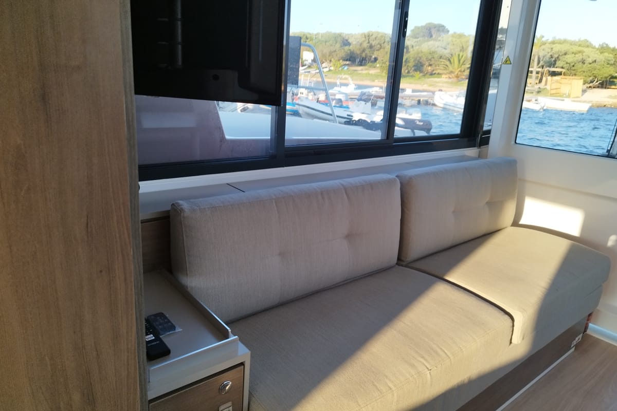 Salon of Stenella, a Bali 4.4 catamaran at Olbia, Italy