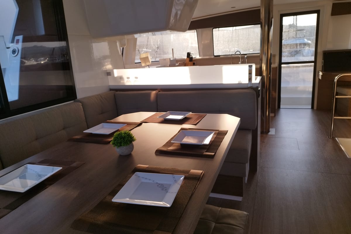 Salon of Stenella, a Bali 4.4 catamaran at Olbia, Italy