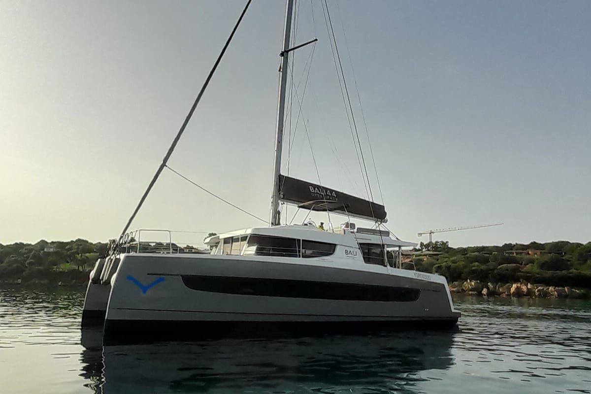 Exterior view of Stenella, a Bali 4.4 catamaran at Olbia, Italy