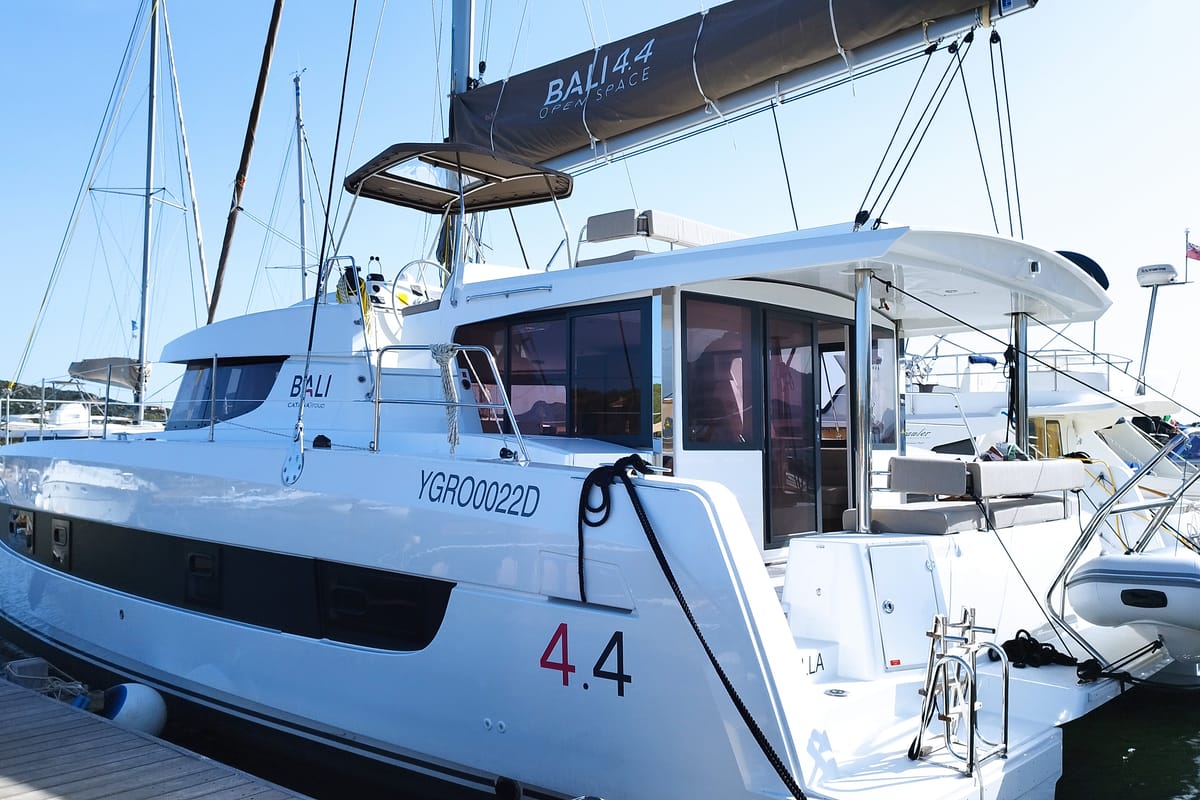 Exterior view of Stenella, a Bali 4.4 catamaran at Olbia, Italy
