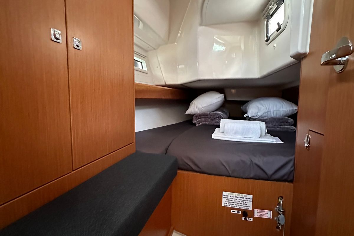 Cabin on Celestia, a Bavaria Cruiser 34 sailboat at Athens, Greece