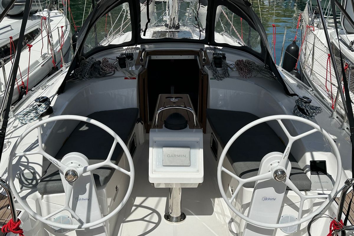 Cockpit of Celestia, a Bavaria Cruiser 34 sailboat at Athens, Greece