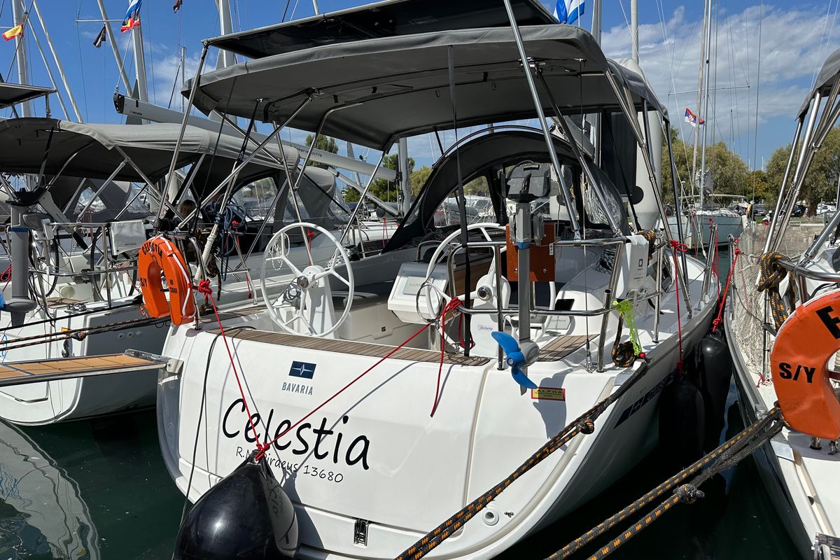 Exterior view of Celestia, a Bavaria Cruiser 34 sailboat at Athens, Greece