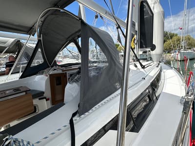 Deck of Celestia, a Bavaria Cruiser 34 sailboat at Athens, Greece