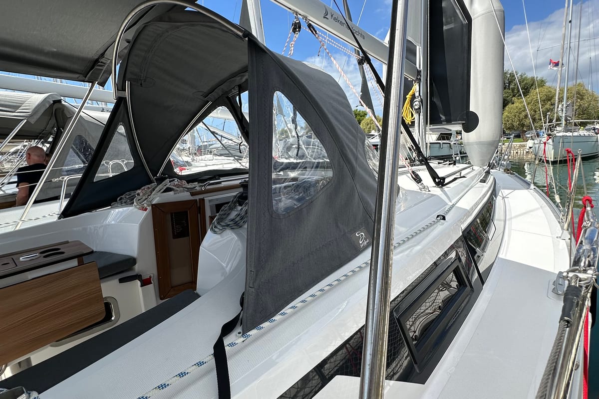 Deck of Celestia, a Bavaria Cruiser 34 sailboat at Athens, Greece