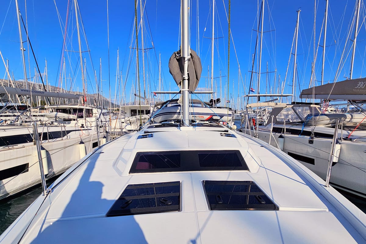Exterior view of Virtuoso, a Dufour 44 sailboat at Grad Kaštela, Croatia