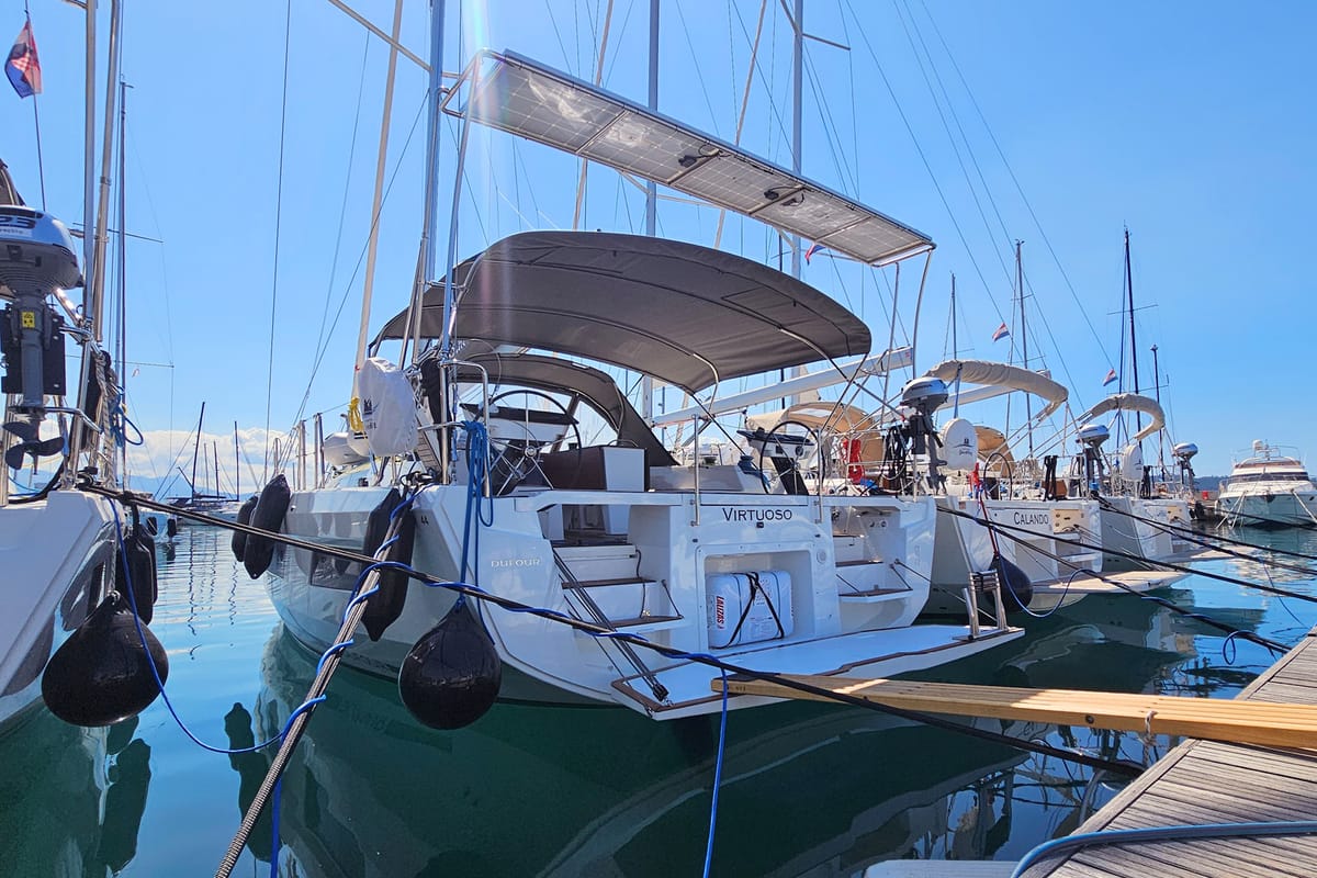 Exterior view of Virtuoso, a Dufour 44 sailboat at Grad Kaštela, Croatia