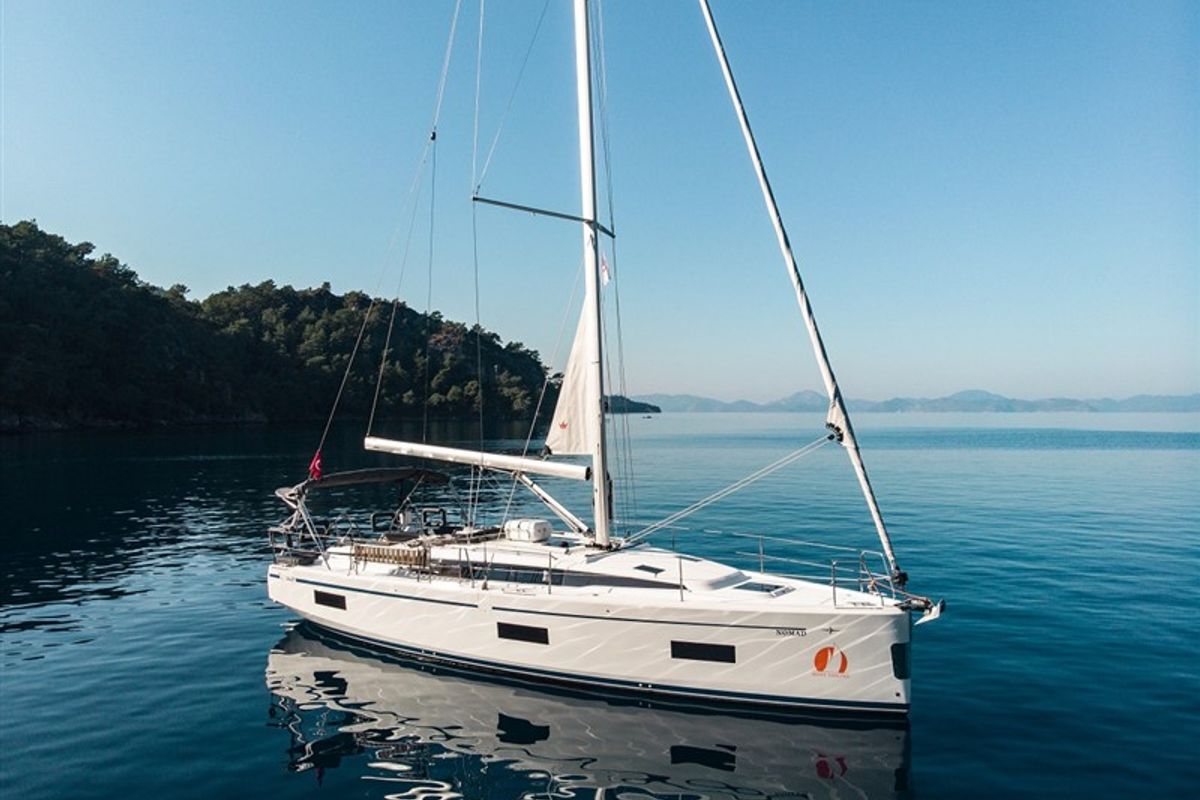 Exterior view of Nomad, a Bavaria C42 sailboat at Fethiye, Turkey