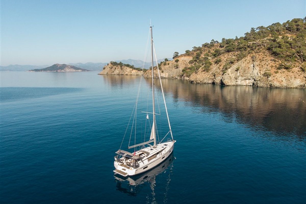 Exterior view of Nomad, a Bavaria C42 sailboat at Fethiye, Turkey