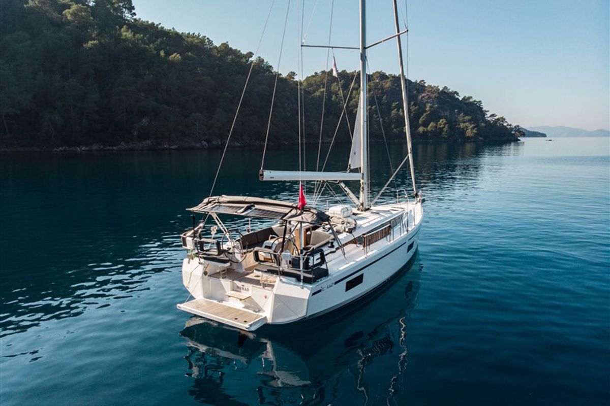 Exterior view of Nomad, a Bavaria C42 sailboat at Fethiye, Turkey