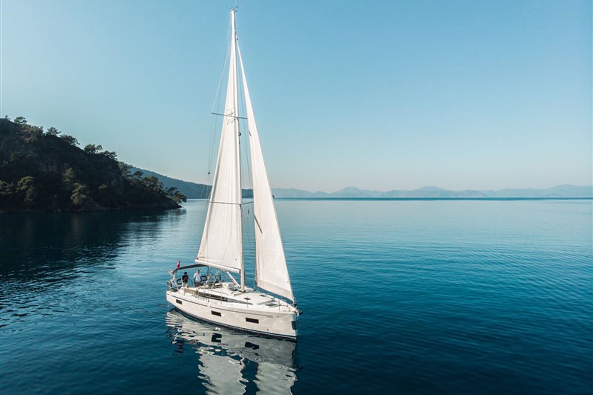 Exterior view of Nomad, a Bavaria C42 sailboat at Fethiye, Turkey