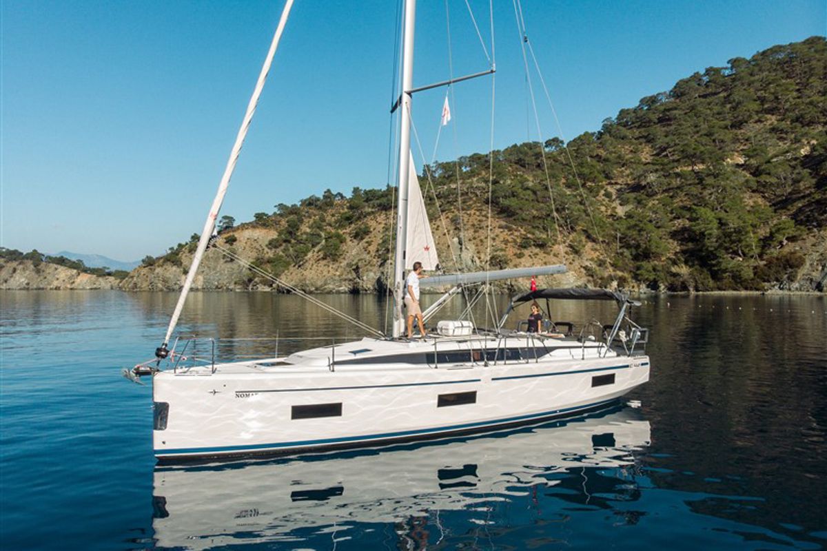 Exterior view of Nomad, a Bavaria C42 sailboat at Fethiye, Turkey