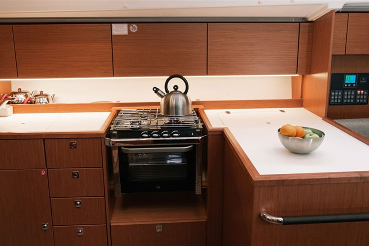 Galley of Nomad, a Bavaria C42 sailboat at Fethiye, Turkey
