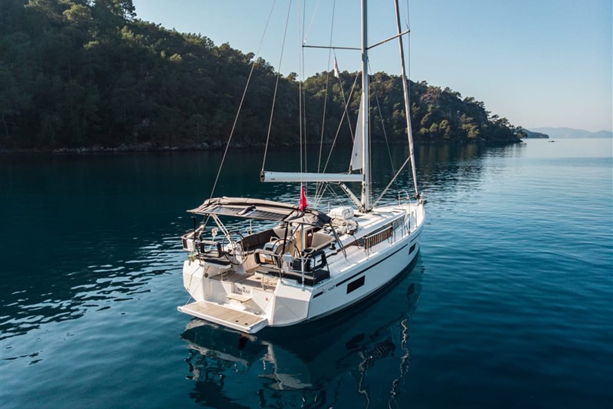 Exterior view of Nomad, a Bavaria C42 sailboat at Fethiye, Turkey