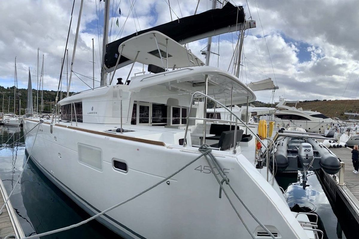 Exterior view of Zen, a Lagoon 450 F catamaran at Split, Croatia