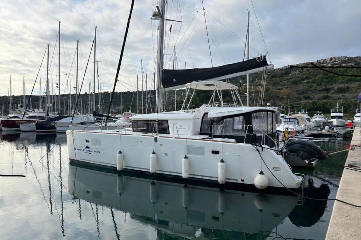 Exterior view of Zen, a Lagoon 450 F catamaran at Split, Croatia