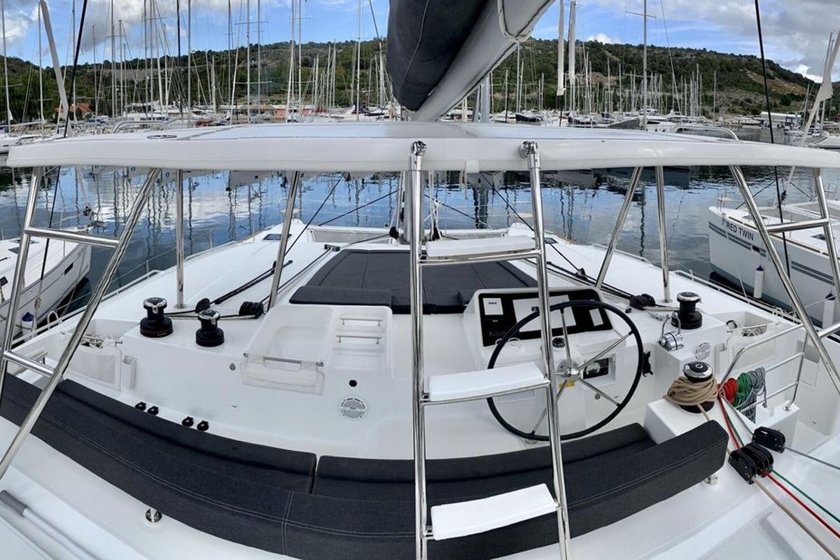 Cockpit of Zen, a Lagoon 450 F catamaran at Split, Croatia