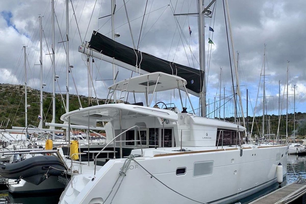 Exterior view of Zen, a Lagoon 450 F catamaran at Split, Croatia