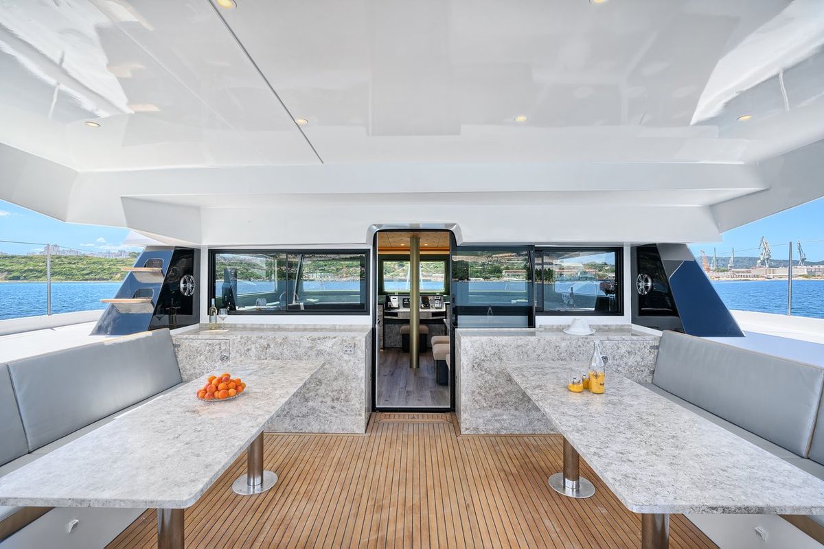 Deck of Gold, a Luna 49 catamaran at Split, Croatia