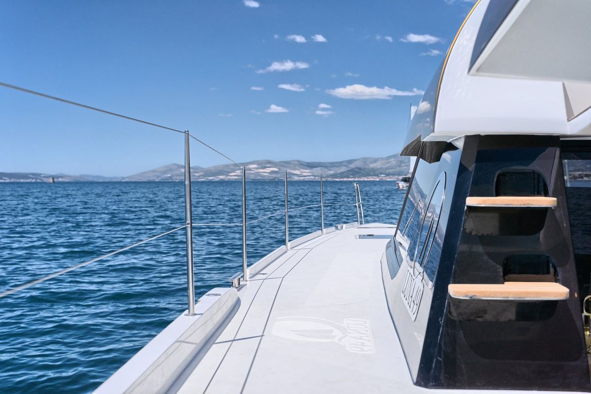 Exterior view of Gold, a Luna 49 catamaran at Split, Croatia