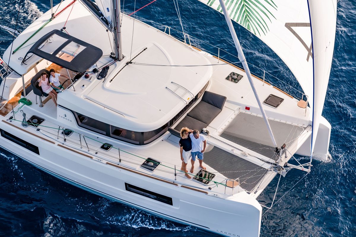 Exterior view of Nerea, a Lagoon 40 catamaran at Marsala, Italy