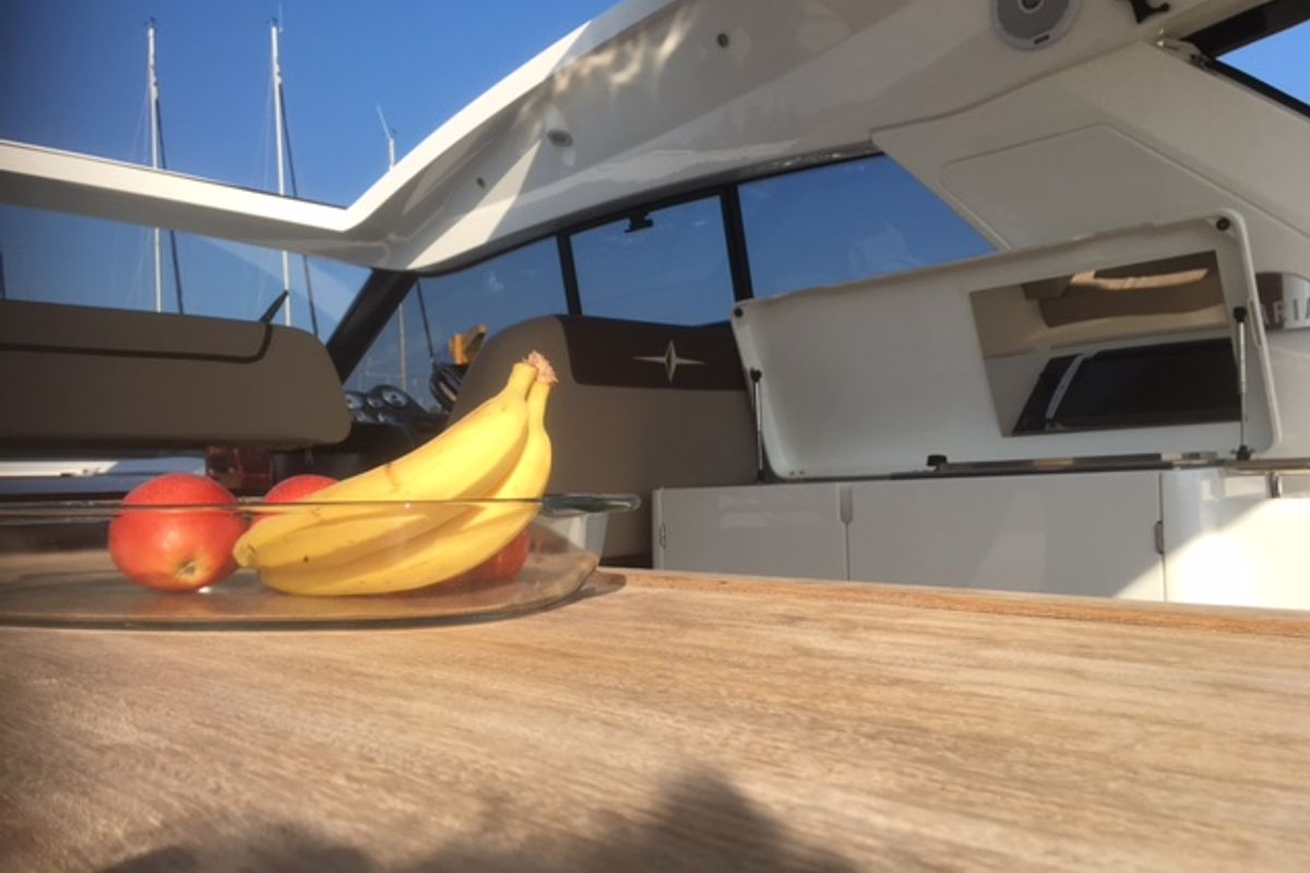 Deck of Varola, a Bavaria Sport 450 HT motorboat at Seget Donji, Croatia