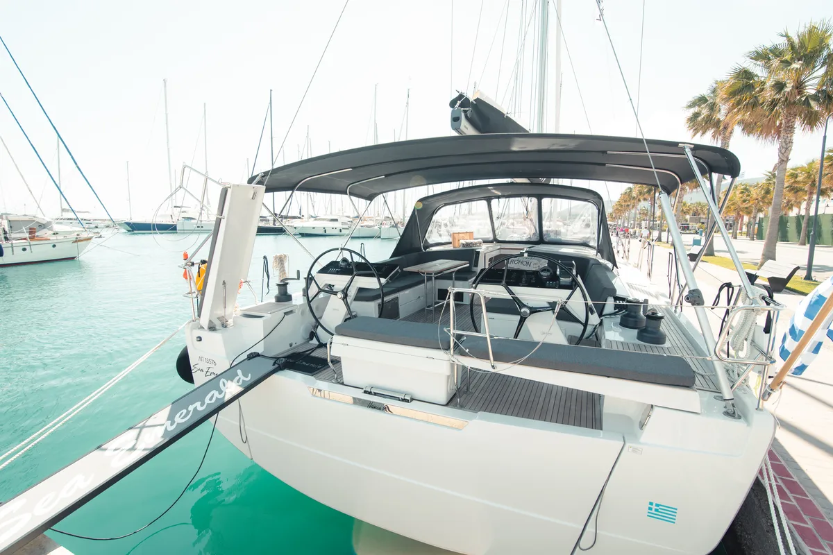 Exterior view of Sea Emerald, a Hanse Yachts Hanse 510 sailboat at Kos, Greece