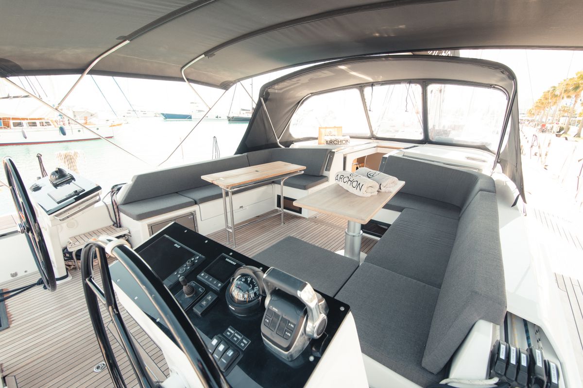 Cockpit of Sea Emerald, a Hanse Yachts Hanse 510 sailboat at Kos, Greece