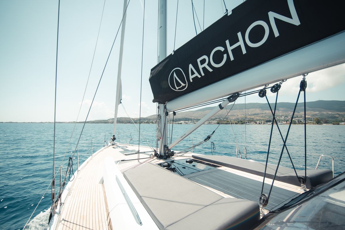 Exterior view of Sea Emerald, a Hanse Yachts Hanse 510 sailboat at Kos, Greece