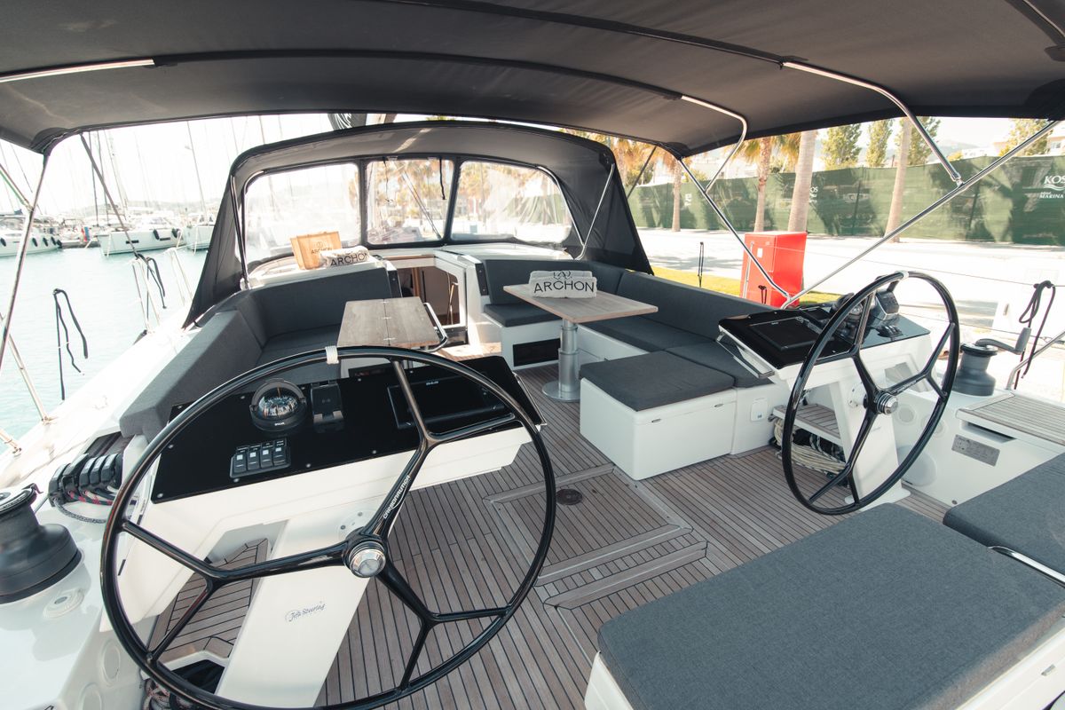 Cockpit of Sea Emerald, a Hanse Yachts Hanse 510 sailboat at Kos, Greece