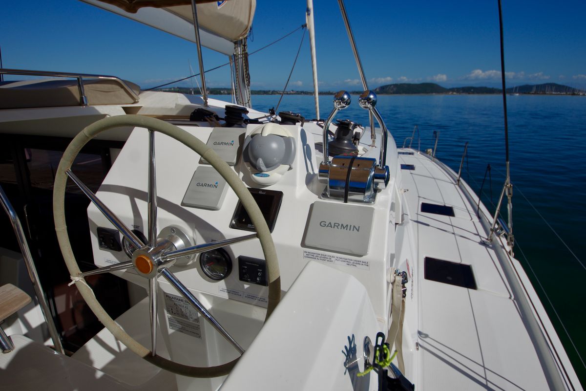 Cockpit of Bellmar, a Fountaine Pajot Astréa 42 catamaran at Preveza, Greece