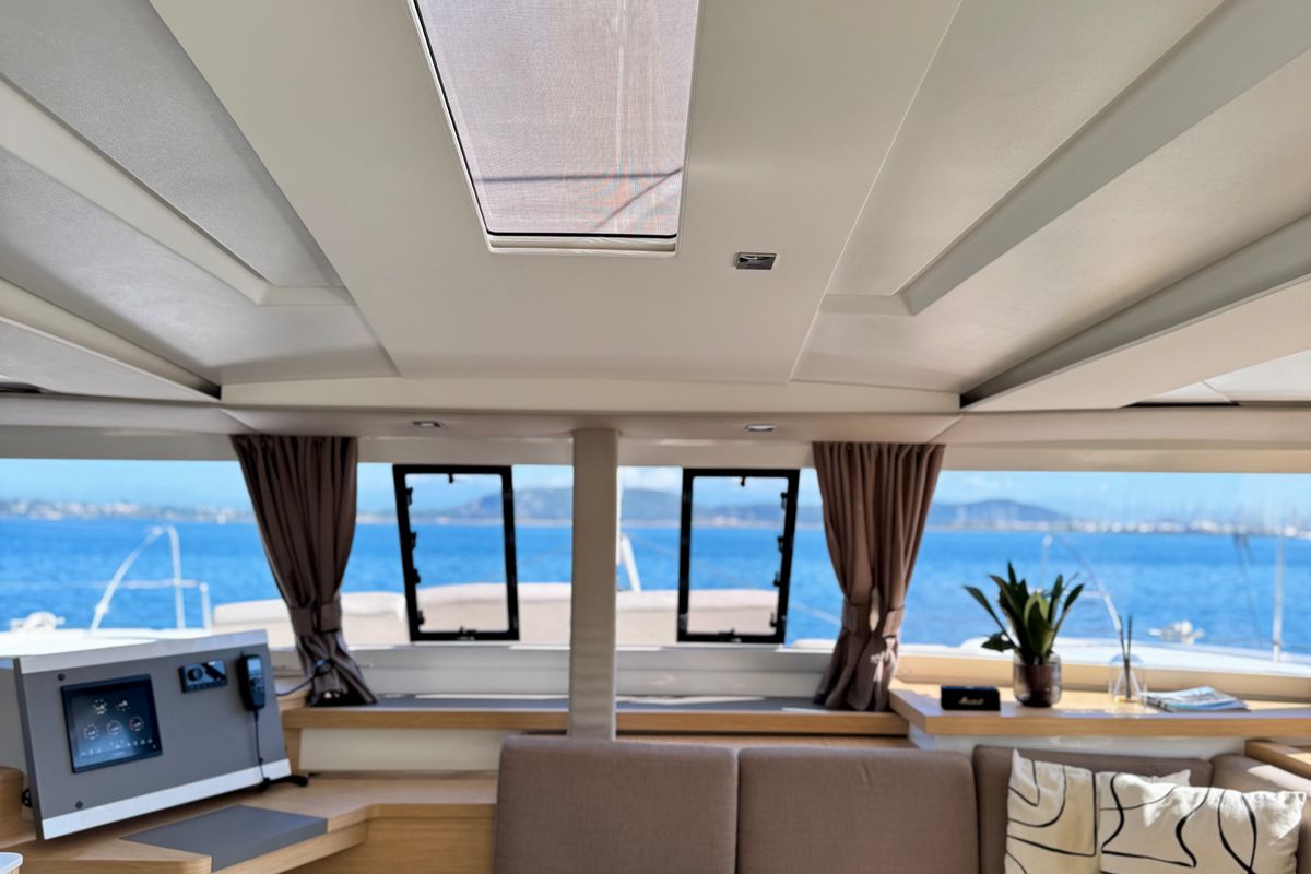Salon of Bellmar, a Fountaine Pajot Astréa 42 catamaran at Preveza, Greece