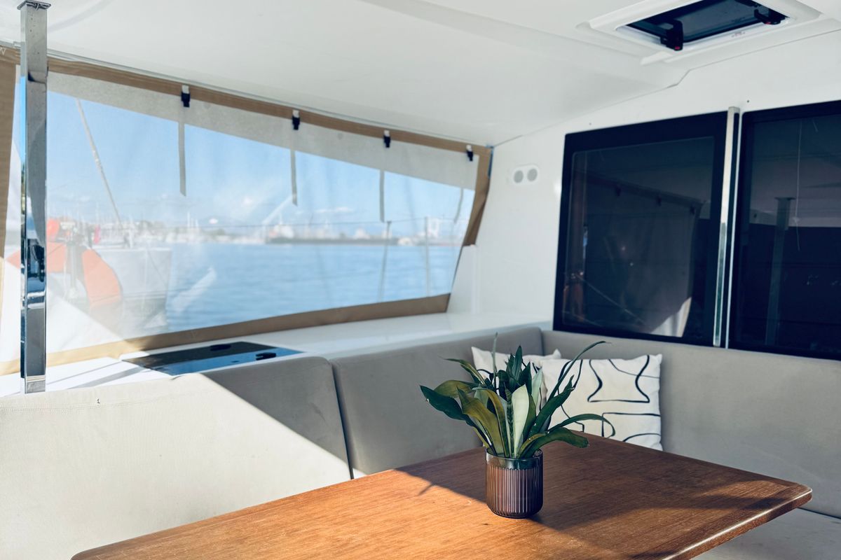 Salon of Bellmar, a Fountaine Pajot Astréa 42 catamaran at Preveza, Greece