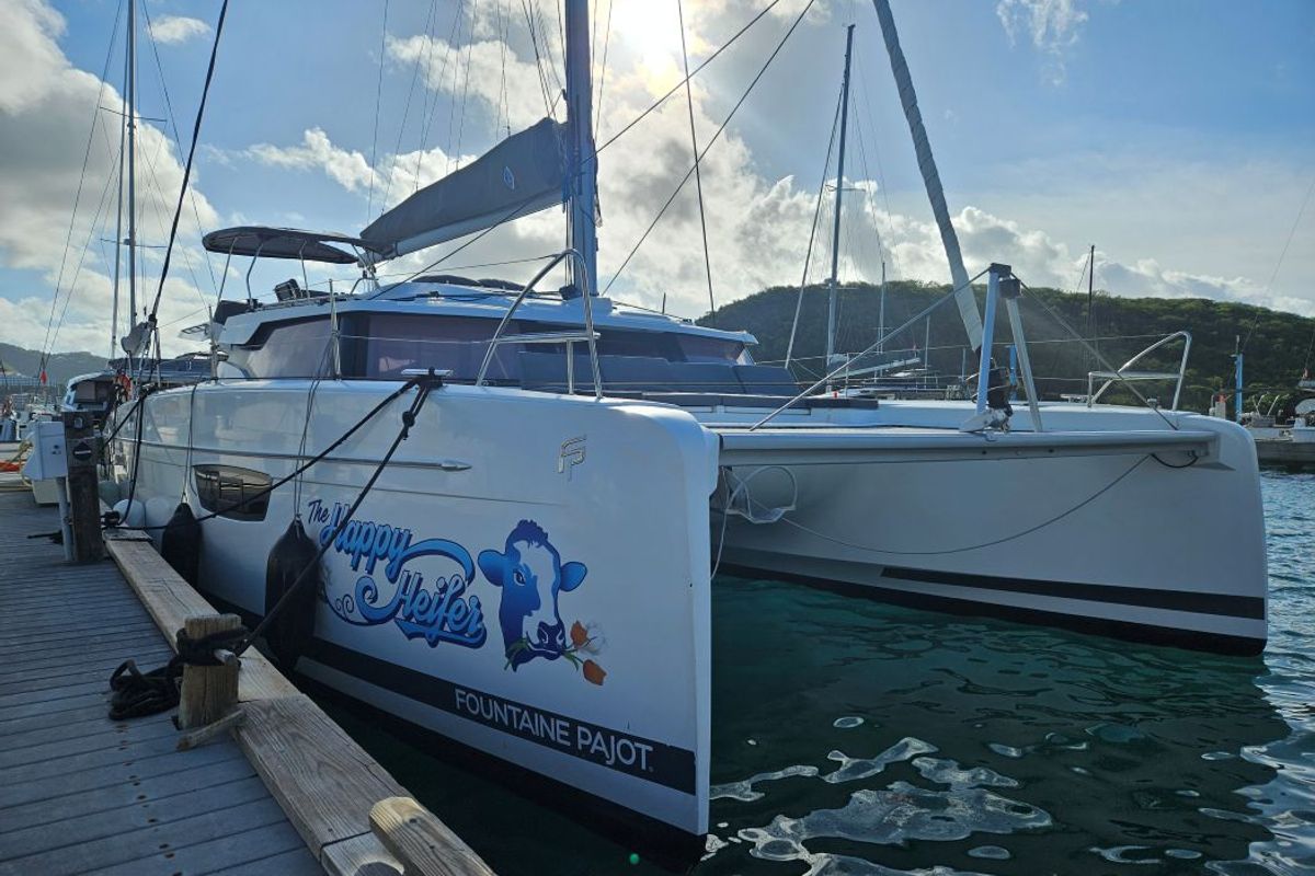 Exterior view of The Happy Heifer, a Fountaine Pajot Elba 45 catamaran at Charlotte Amalie, United States