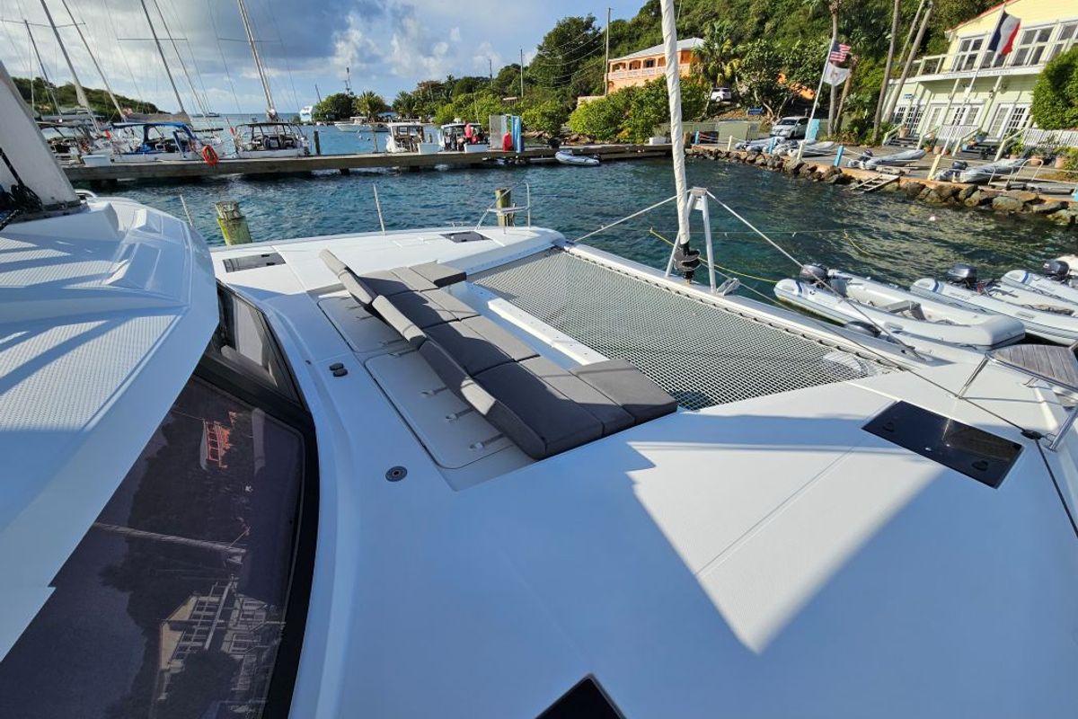 Deck of The Happy Heifer, a Fountaine Pajot Elba 45 catamaran at Charlotte Amalie, United States