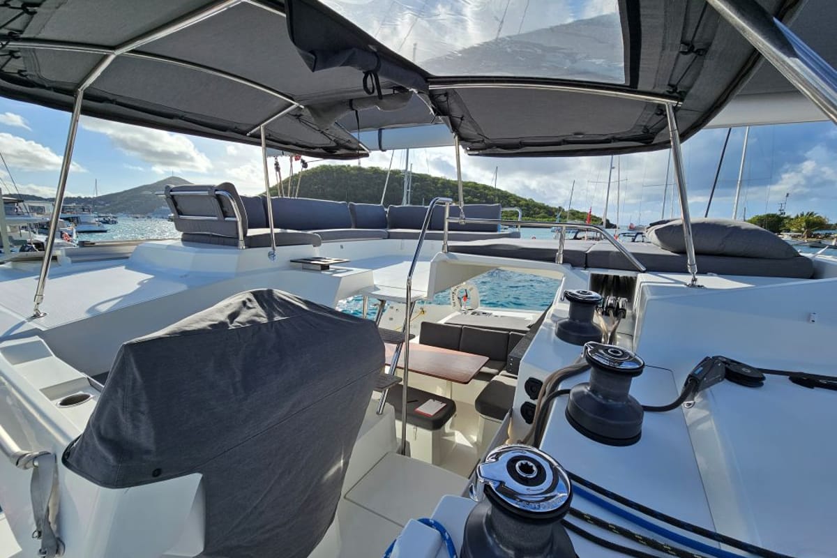 Deck of The Happy Heifer, a Fountaine Pajot Elba 45 catamaran at Charlotte Amalie, United States