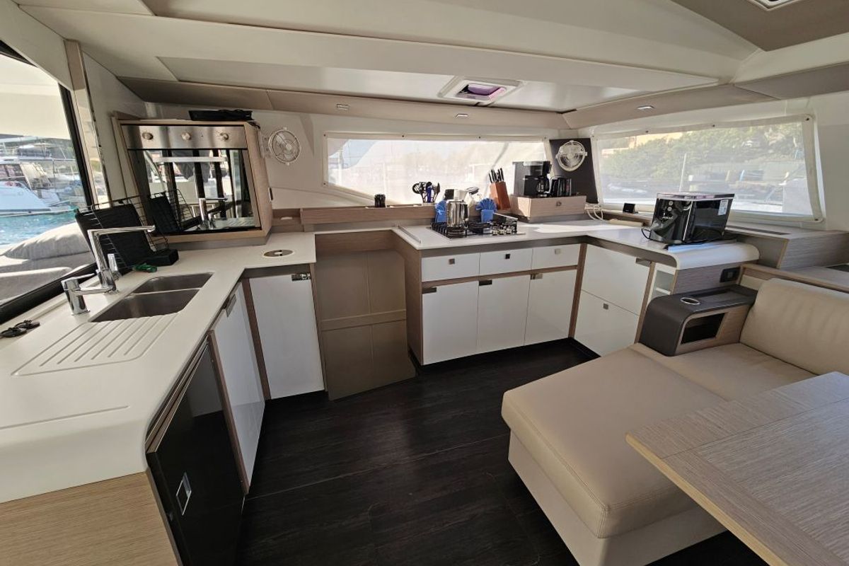 Galley of The Happy Heifer, a Fountaine Pajot Elba 45 catamaran at Charlotte Amalie, United States