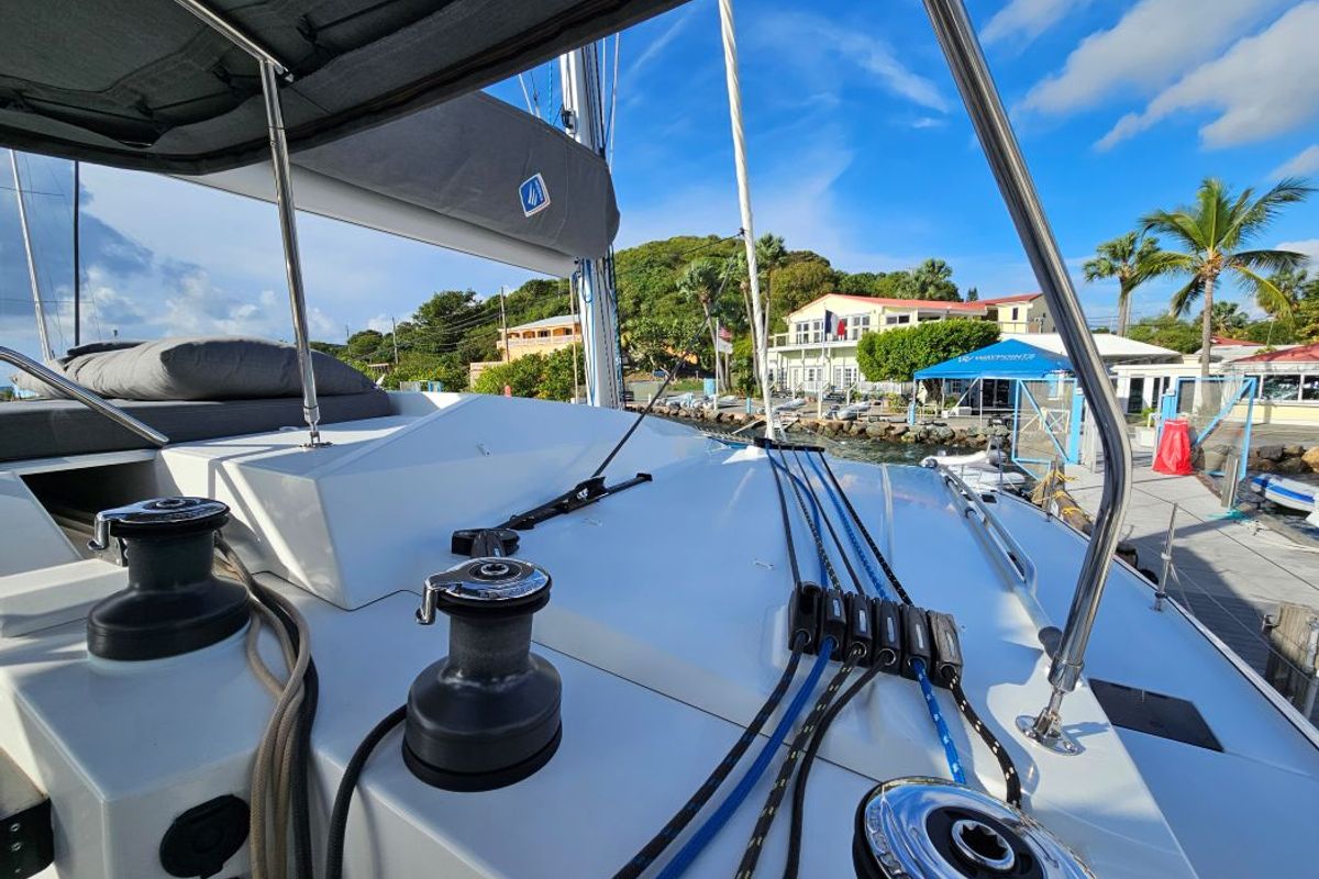 Deck of The Happy Heifer, a Fountaine Pajot Elba 45 catamaran at Charlotte Amalie, United States